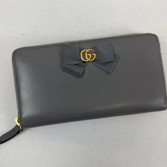 Gucci Guccissima Bow Zip-Around Wallet Gray Leather GG Logo - Picture 1 of 9